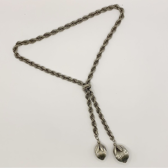 Vintage silver tone lariat statement necklace with kumquat pendants chunky chain - Picture 2 of 10